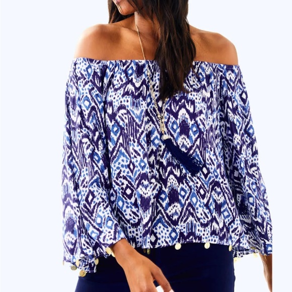 Lilly Pulitzer Tops - Lilly Pulitzer “Beckon Blue Oh My Cod” Delaney Off Shoulder Top - Size S